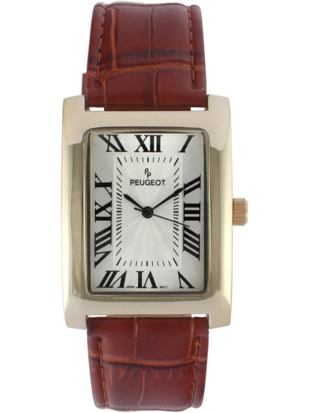 Vintage Men's 14K Gold Plated Roman Numeral Leather Tank Watch - Classic Style